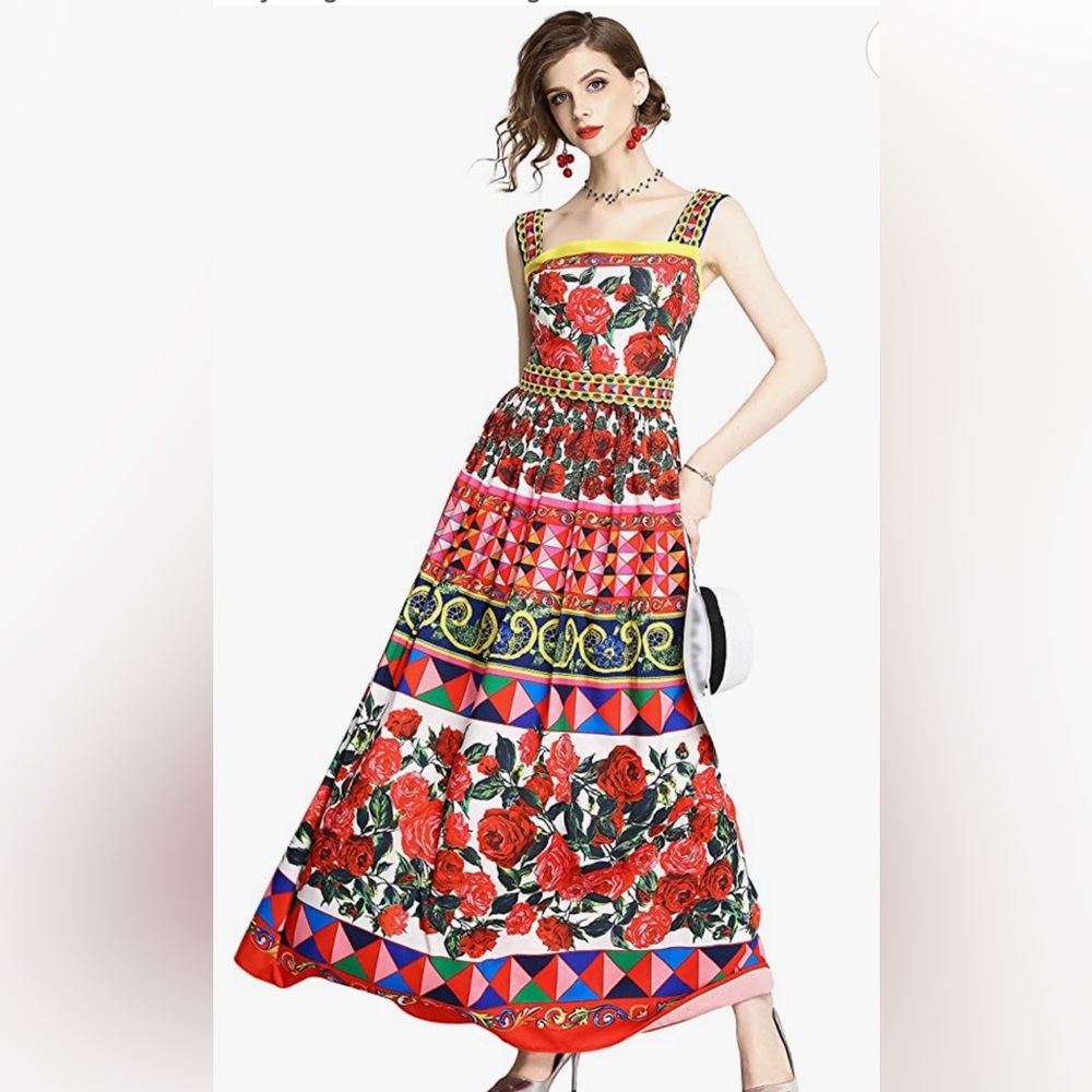NWOT LAI MENG FIVE CATS Womens Retro Maxi Dress Party sz L